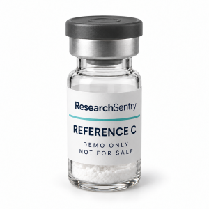 Research Sentry Reference C demo vial with a gray cap, silver collar, and navy and teal label on a white background.